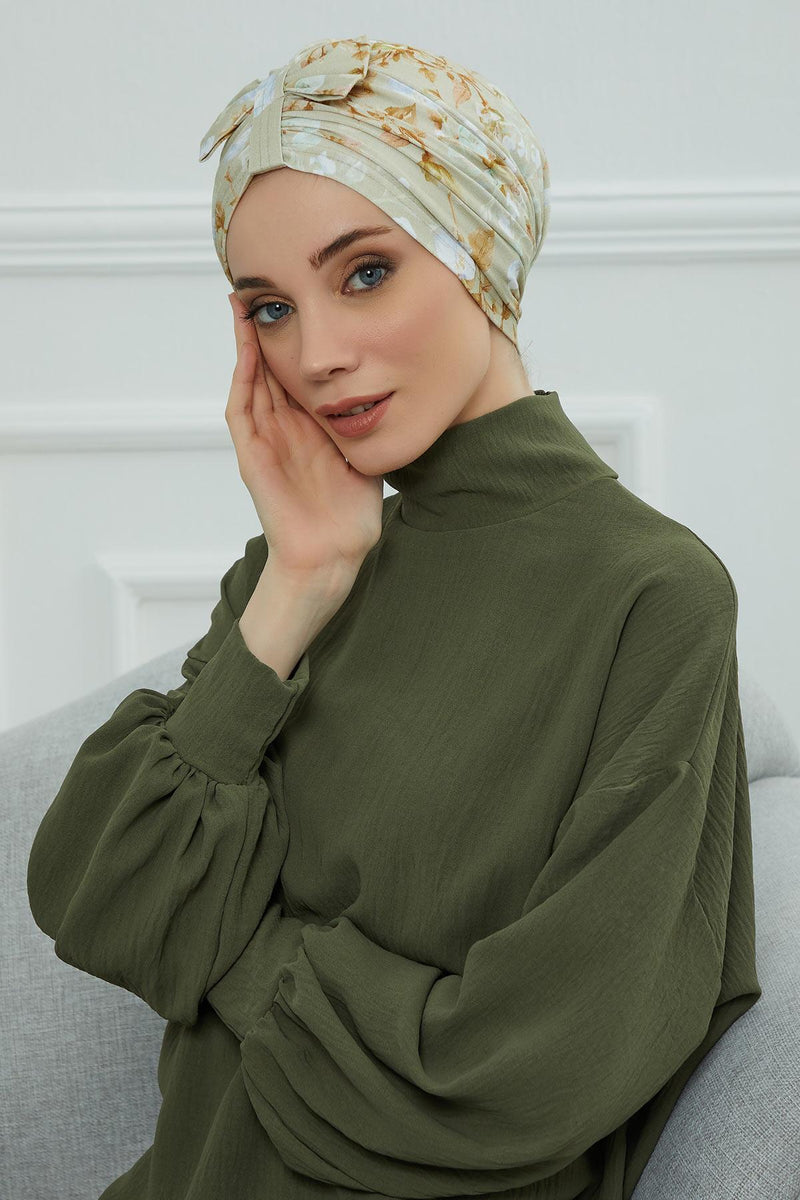 Handmade Instant Turban Bonnet Cap with Bow Tie on the Front Side, Fashionable Cotton Head Wrap Lightweight Head Scarf with Bow Tie,B-7YD