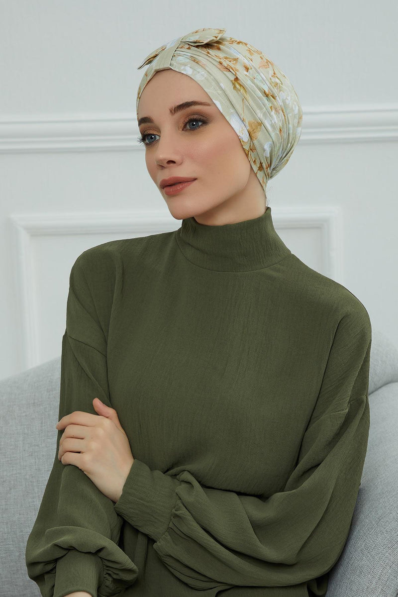 Handmade Instant Turban Bonnet Cap with Bow Tie on the Front Side, Fashionable Cotton Head Wrap Lightweight Head Scarf with Bow Tie,B-7YD