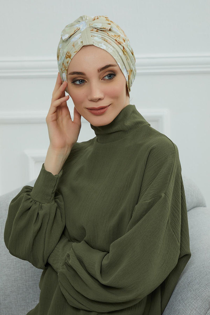 Handmade Instant Turban Bonnet Cap with Bow Tie on the Front Side, Fashionable Cotton Head Wrap Lightweight Head Scarf with Bow Tie,B-7YD