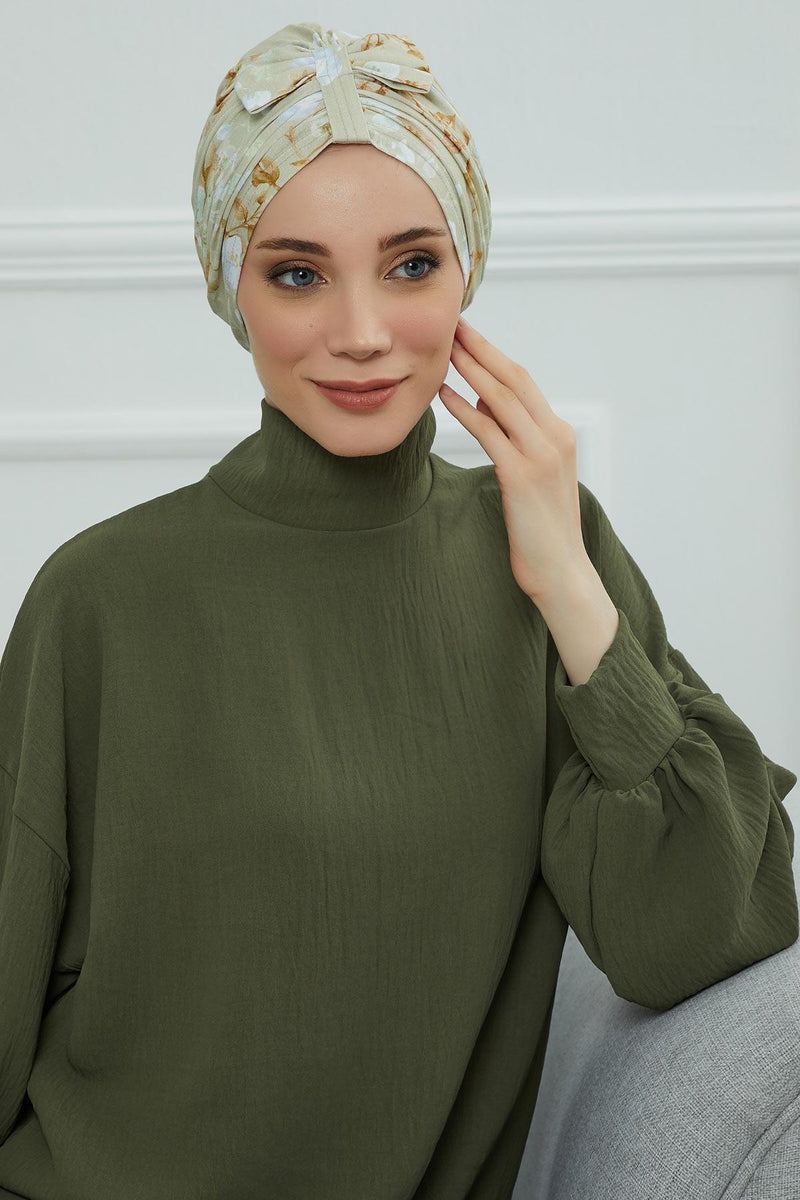 Handmade Instant Turban Bonnet Cap with Bow Tie on the Front Side, Fashionable Cotton Head Wrap Lightweight Head Scarf with Bow Tie,B-7YD