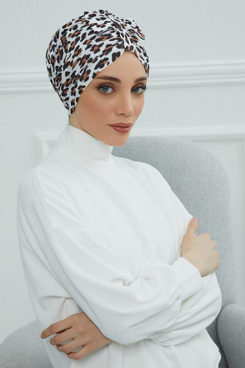 Handmade Instant Turban Bonnet Cap with Bow Tie on the Front Side, Fashionable Cotton Head Wrap Lightweight Head Scarf with Bow Tie,B-7YD