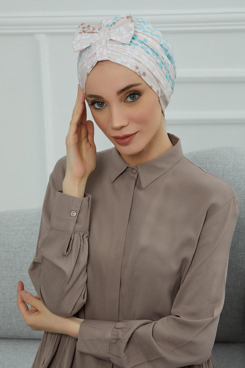 Handmade Instant Turban Bonnet Cap with Bow Tie on the Front Side, Fashionable Cotton Head Wrap Lightweight Head Scarf with Bow Tie,B-7YD