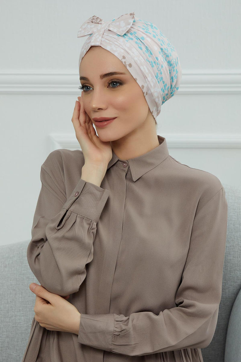 Handmade Instant Turban Bonnet Cap with Bow Tie on the Front Side, Fashionable Cotton Head Wrap Lightweight Head Scarf with Bow Tie,B-7YD