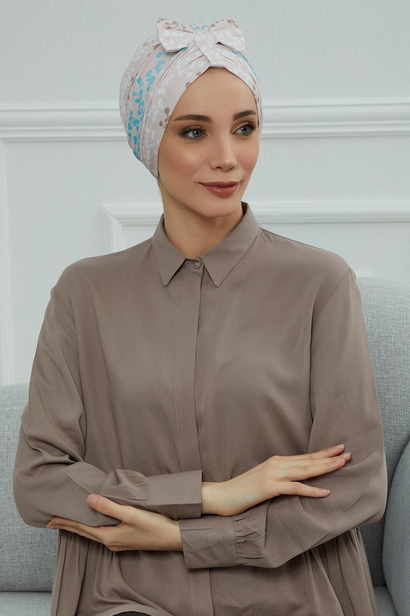 Handmade Instant Turban Bonnet Cap with Bow Tie on the Front Side, Fashionable Cotton Head Wrap Lightweight Head Scarf with Bow Tie,B-7YD