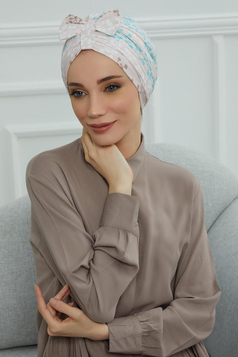 Handmade Instant Turban Bonnet Cap with Bow Tie on the Front Side, Fashionable Cotton Head Wrap Lightweight Head Scarf with Bow Tie,B-7YD