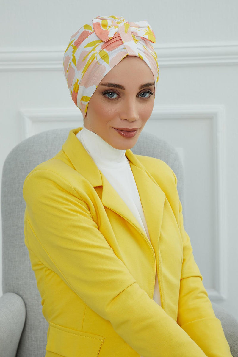 Handmade Instant Turban Bonnet Cap with Bow Tie on the Front Side, Fashionable Cotton Head Wrap Lightweight Head Scarf with Bow Tie,B-7YD