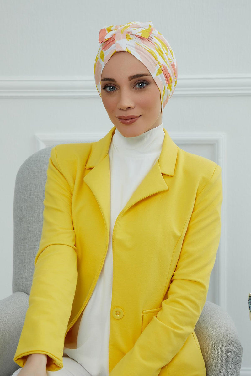 Handmade Instant Turban Bonnet Cap with Bow Tie on the Front Side, Fashionable Cotton Head Wrap Lightweight Head Scarf with Bow Tie,B-7YD