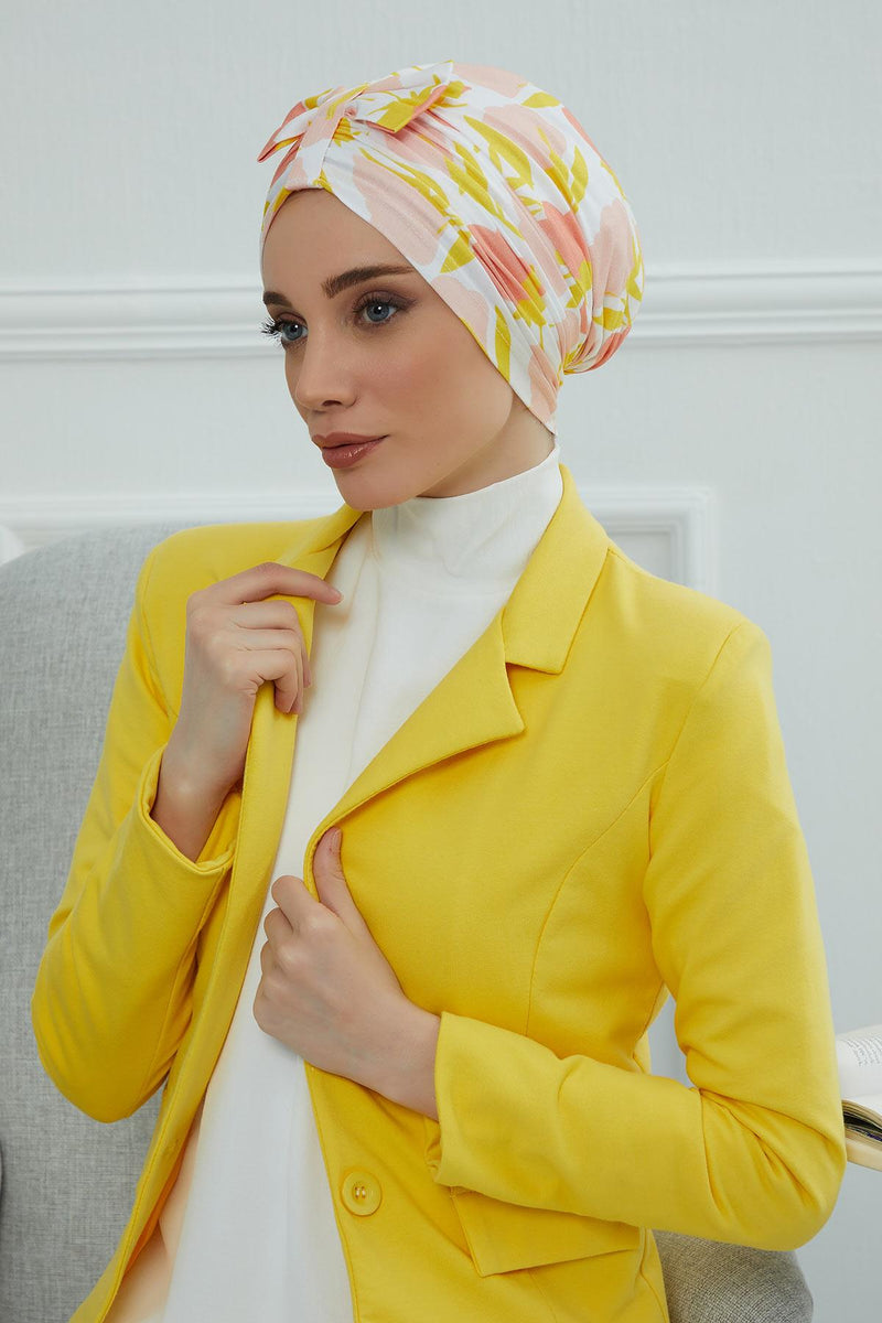 Handmade Instant Turban Bonnet Cap with Bow Tie on the Front Side, Fashionable Cotton Head Wrap Lightweight Head Scarf with Bow Tie,B-7YD