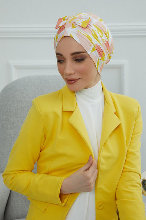 Handmade Instant Turban Bonnet Cap with Bow Tie on the Front Side, Fashionable Cotton Head Wrap Lightweight Head Scarf with Bow Tie,B-7YD