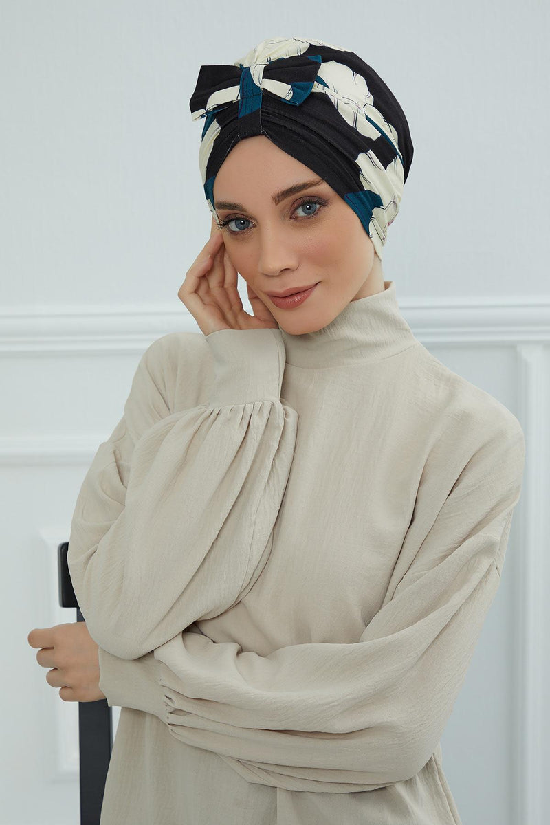 Handmade Instant Turban Bonnet Cap with Bow Tie on the Front Side, Fashionable Cotton Head Wrap Lightweight Head Scarf with Bow Tie,B-7YD