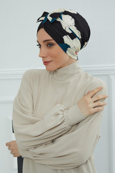 Handmade Instant Turban Bonnet Cap with Bow Tie on the Front Side, Fashionable Cotton Head Wrap Lightweight Head Scarf with Bow Tie,B-7YD