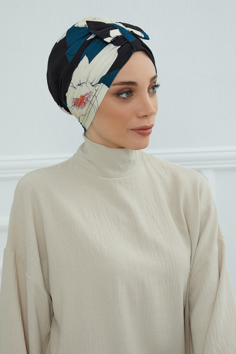Handmade Instant Turban Bonnet Cap with Bow Tie on the Front Side, Fashionable Cotton Head Wrap Lightweight Head Scarf with Bow Tie,B-7YD