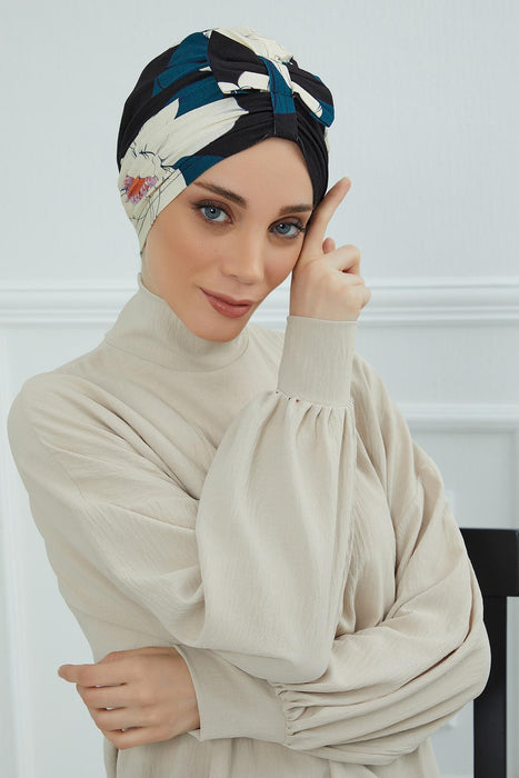 Handmade Instant Turban Bonnet Cap with Bow Tie on the Front Side, Fashionable Cotton Head Wrap Lightweight Head Scarf with Bow Tie,B-7YD
