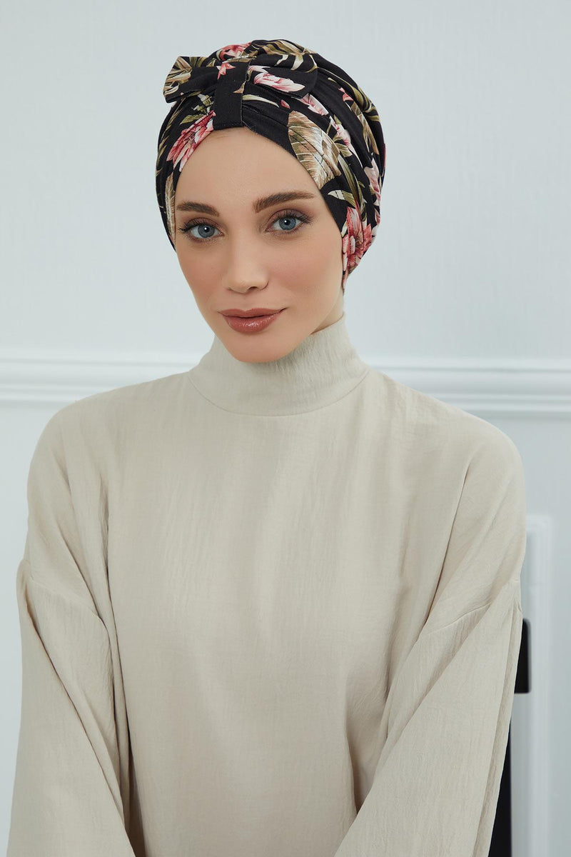 Handmade Instant Turban Bonnet Cap with Bow Tie on the Front Side, Fashionable Cotton Head Wrap Lightweight Head Scarf with Bow Tie,B-7YD
