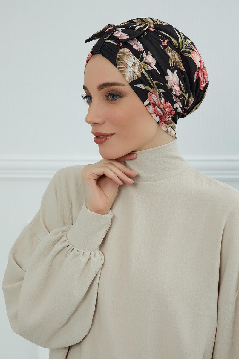 Handmade Instant Turban Bonnet Cap with Bow Tie on the Front Side, Fashionable Cotton Head Wrap Lightweight Head Scarf with Bow Tie,B-7YD