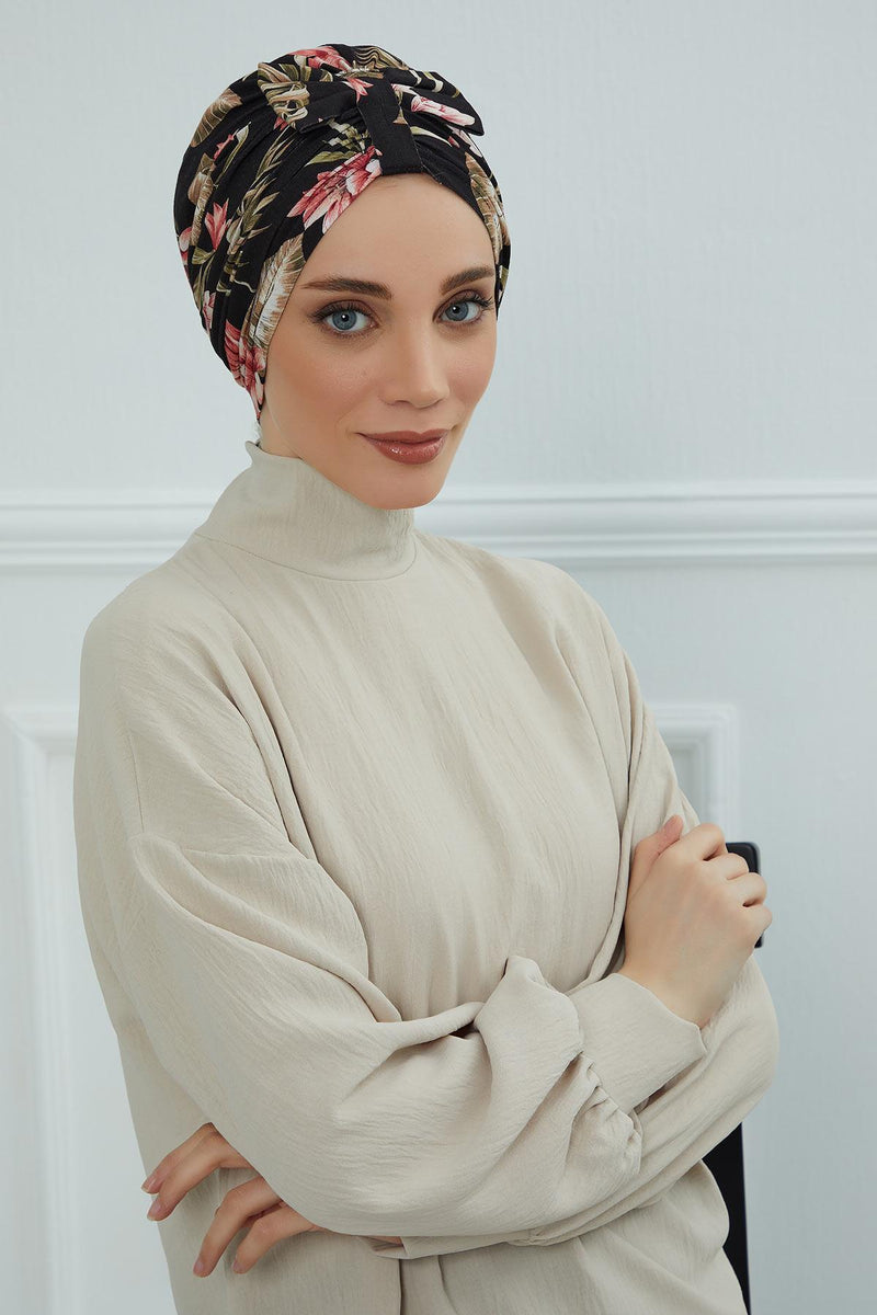 Handmade Instant Turban Bonnet Cap with Bow Tie on the Front Side, Fashionable Cotton Head Wrap Lightweight Head Scarf with Bow Tie,B-7YD