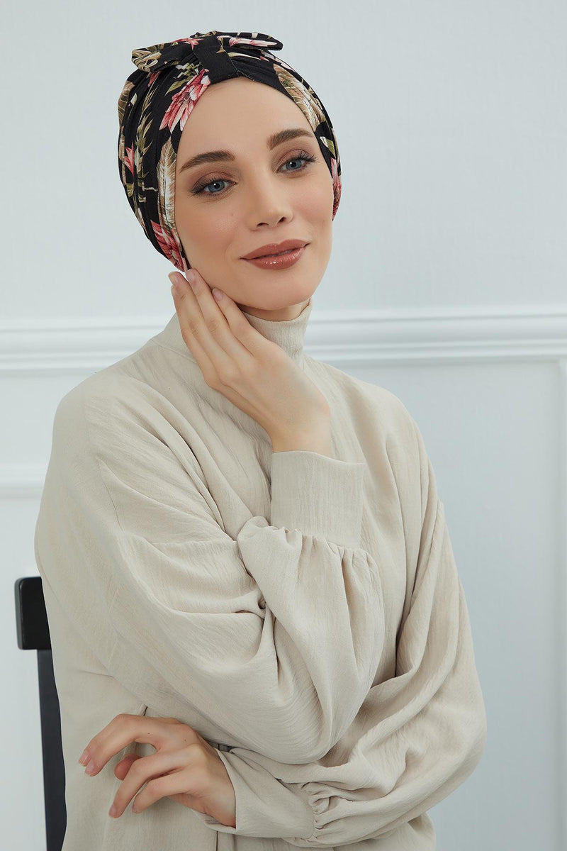 Handmade Instant Turban Bonnet Cap with Bow Tie on the Front Side, Fashionable Cotton Head Wrap Lightweight Head Scarf with Bow Tie,B-7YD