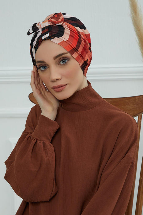 Handmade Instant Turban Bonnet Cap with Bow Tie on the Front Side, Fashionable Cotton Head Wrap Lightweight Head Scarf with Bow Tie,B-7YD