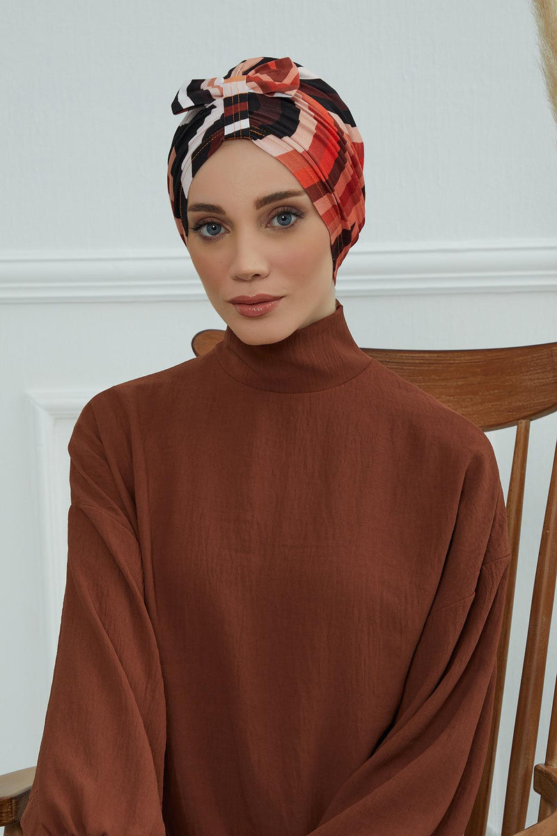 Handmade Instant Turban Bonnet Cap with Bow Tie on the Front Side, Fashionable Cotton Head Wrap Lightweight Head Scarf with Bow Tie,B-7YD