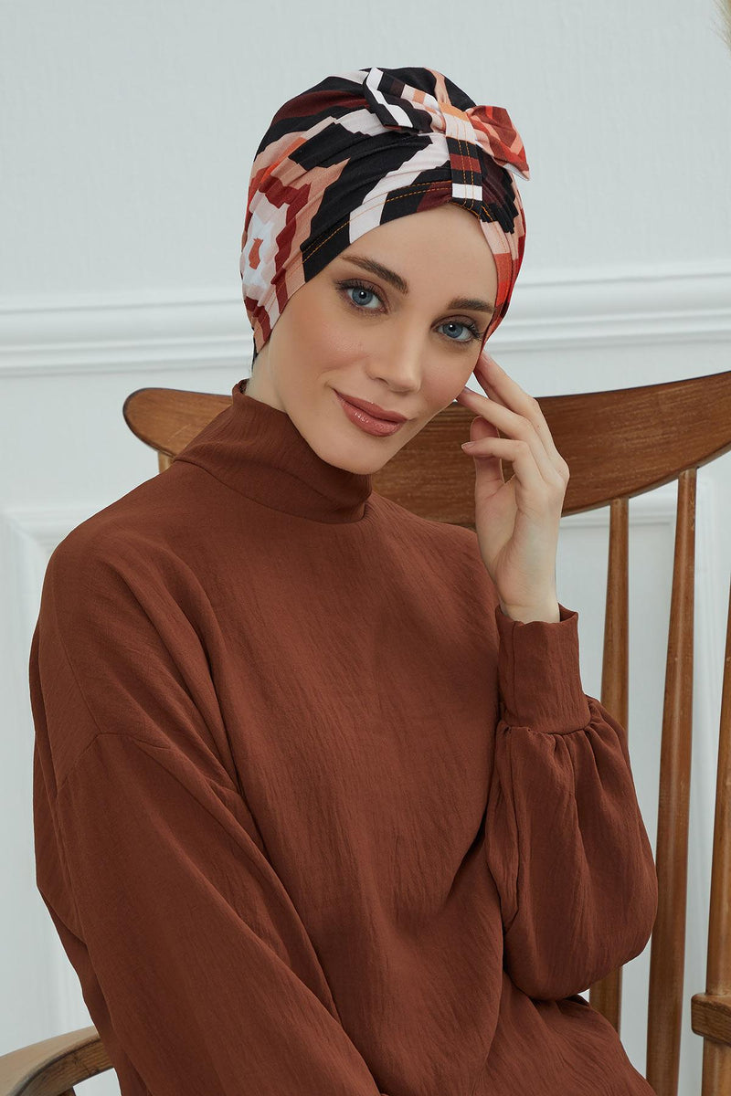 Handmade Instant Turban Bonnet Cap with Bow Tie on the Front Side, Fashionable Cotton Head Wrap Lightweight Head Scarf with Bow Tie,B-7YD