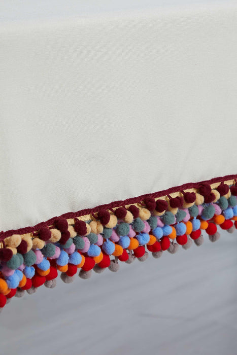 Bohemian Linen Table Runner with Colorful Pom-Pom Edging, Handmade Centerpiece Table Runner with Playful Pom-Poms for Kitchen Decors,R-61