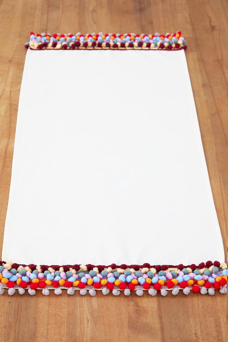Bohemian Linen Table Runner with Colorful Pom-Pom Edging, Handmade Centerpiece Table Runner with Playful Pom-Poms for Kitchen Decors,R-61