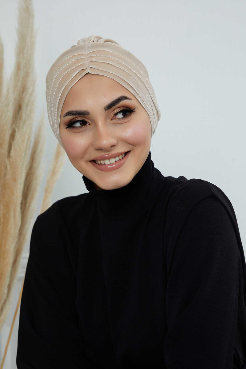 Velvet Shirred Instant Turban Headwrap, Soft Head Turban For Women Fashion Instant Turban Ready to Wear Pretied Chemo Headwear Hijab,B-13K Beige