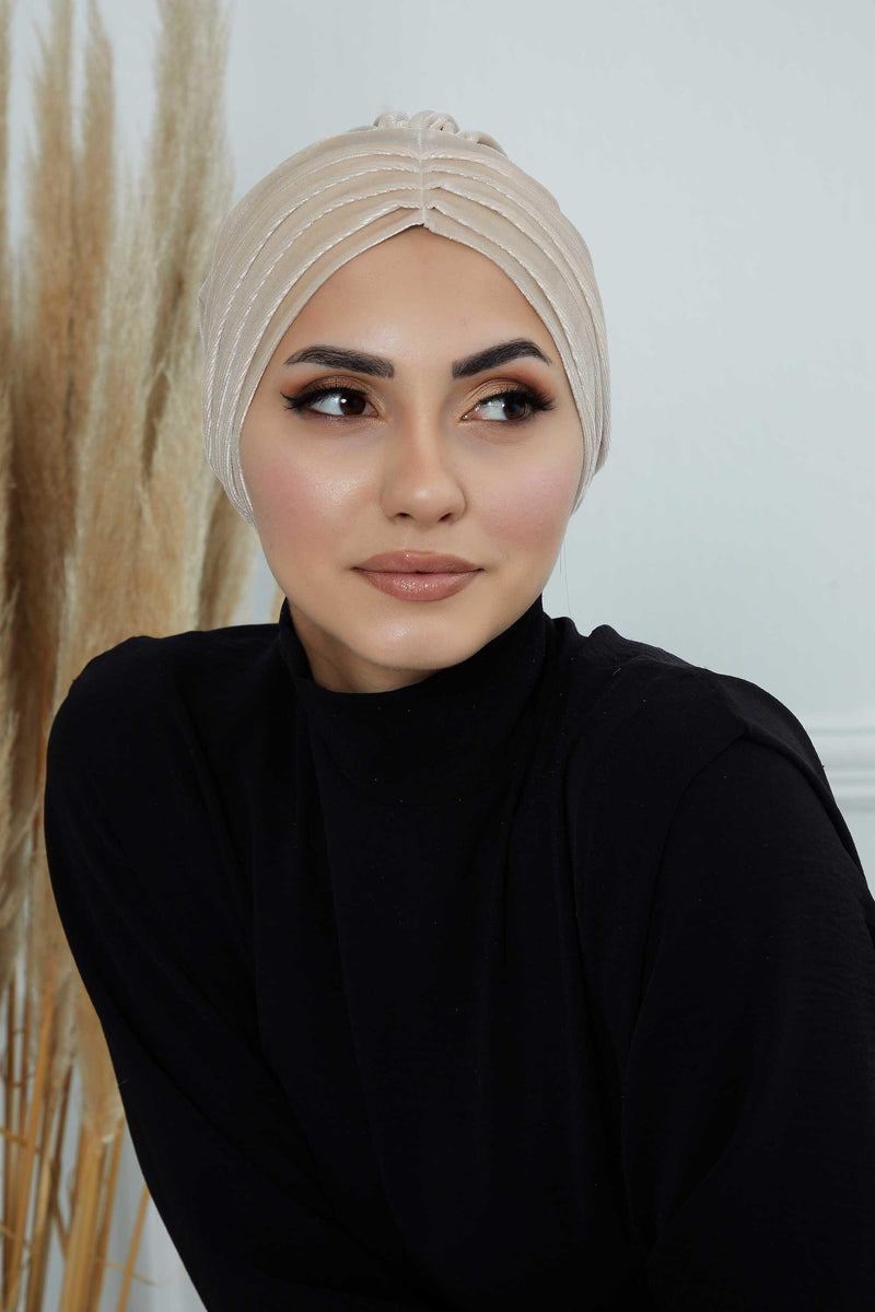 Velvet Shirred Instant Turban Headwrap, Soft Head Turban For Women Fashion Instant Turban Ready to Wear Pretied Chemo Headwear Hijab,B-13K Beige