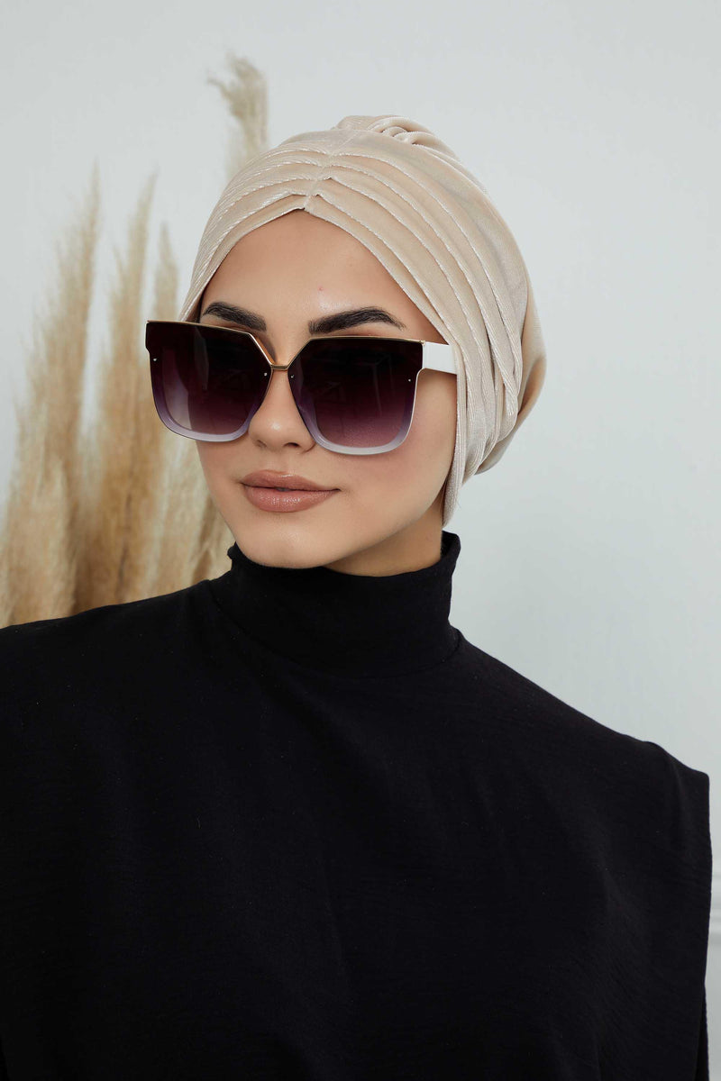 Velvet Shirred Instant Turban Headwrap, Soft Head Turban For Women Fashion Instant Turban Ready to Wear Pretied Chemo Headwear Hijab,B-13K Beige