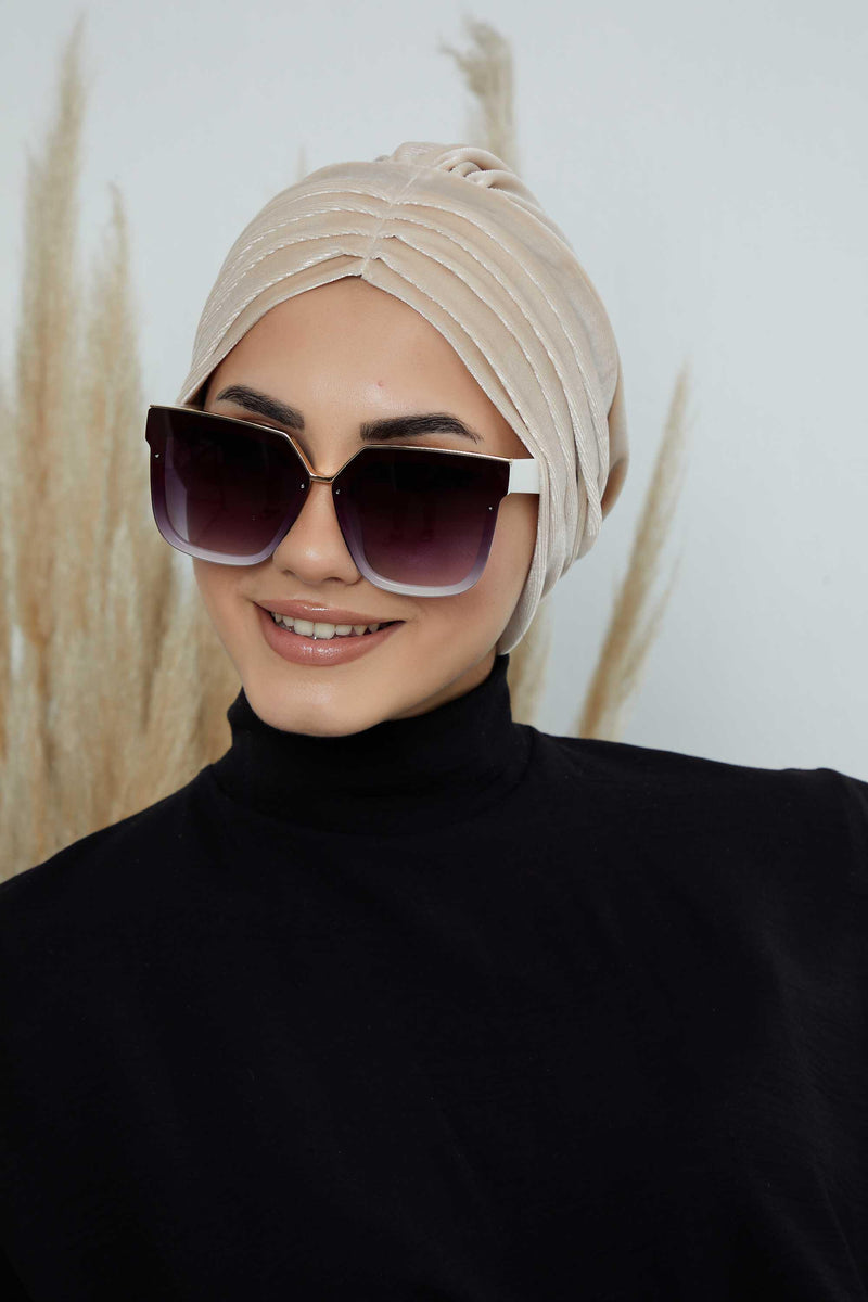 Velvet Shirred Instant Turban Headwrap, Soft Head Turban For Women Fashion Instant Turban Ready to Wear Pretied Chemo Headwear Hijab,B-13K Beige