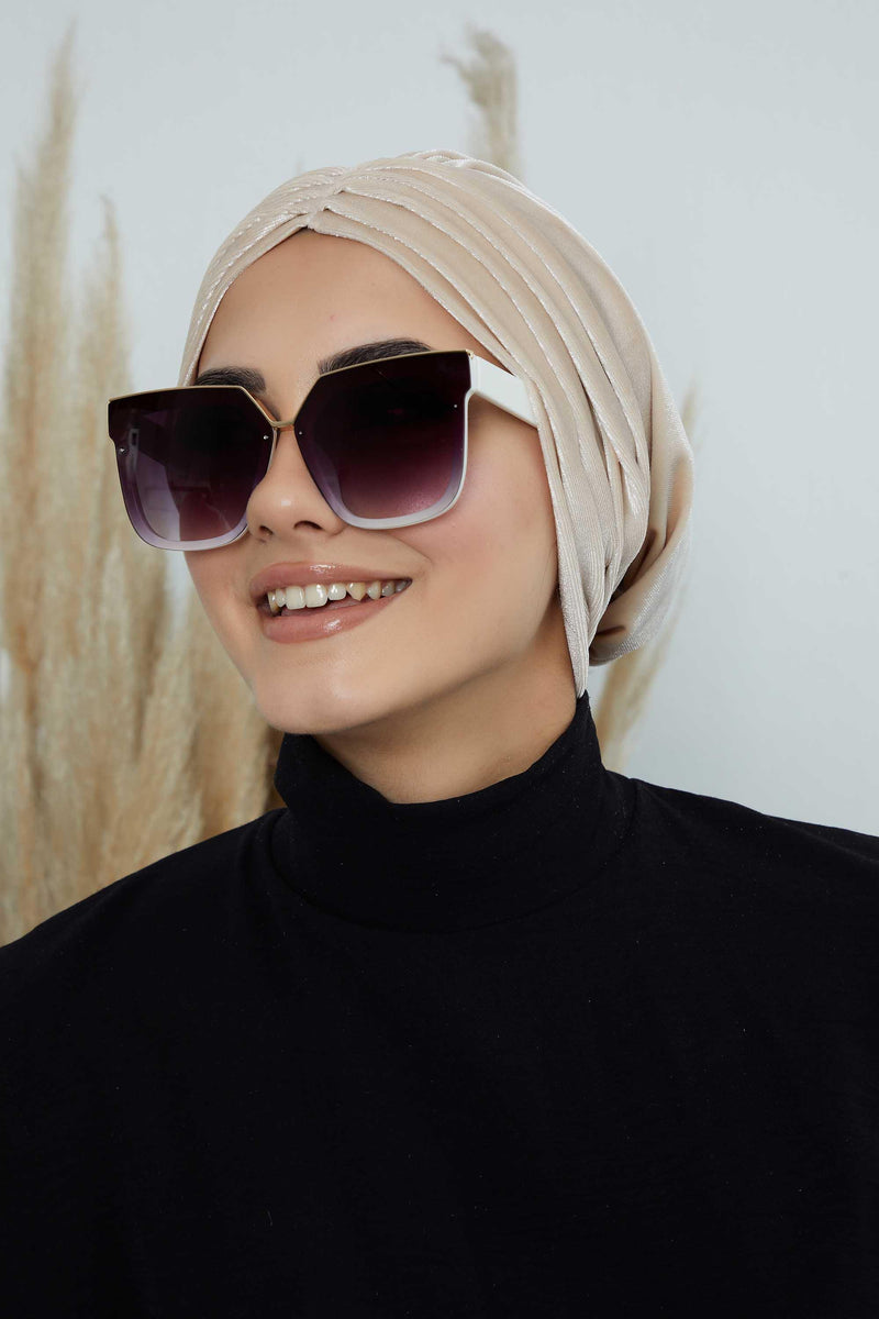 Velvet Shirred Instant Turban Headwrap, Soft Head Turban For Women Fashion Instant Turban Ready to Wear Pretied Chemo Headwear Hijab,B-13K Beige