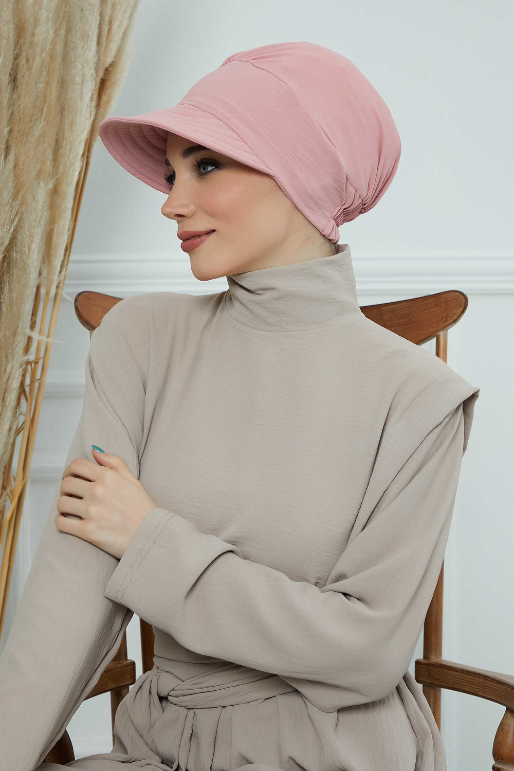 High Quality Newsboy Women Hat, Pre-Tied Turban made from High Quality Wrinkle-Resistant Aerobin Fabric, Visored Instant Turban Cover,B-73A Pink