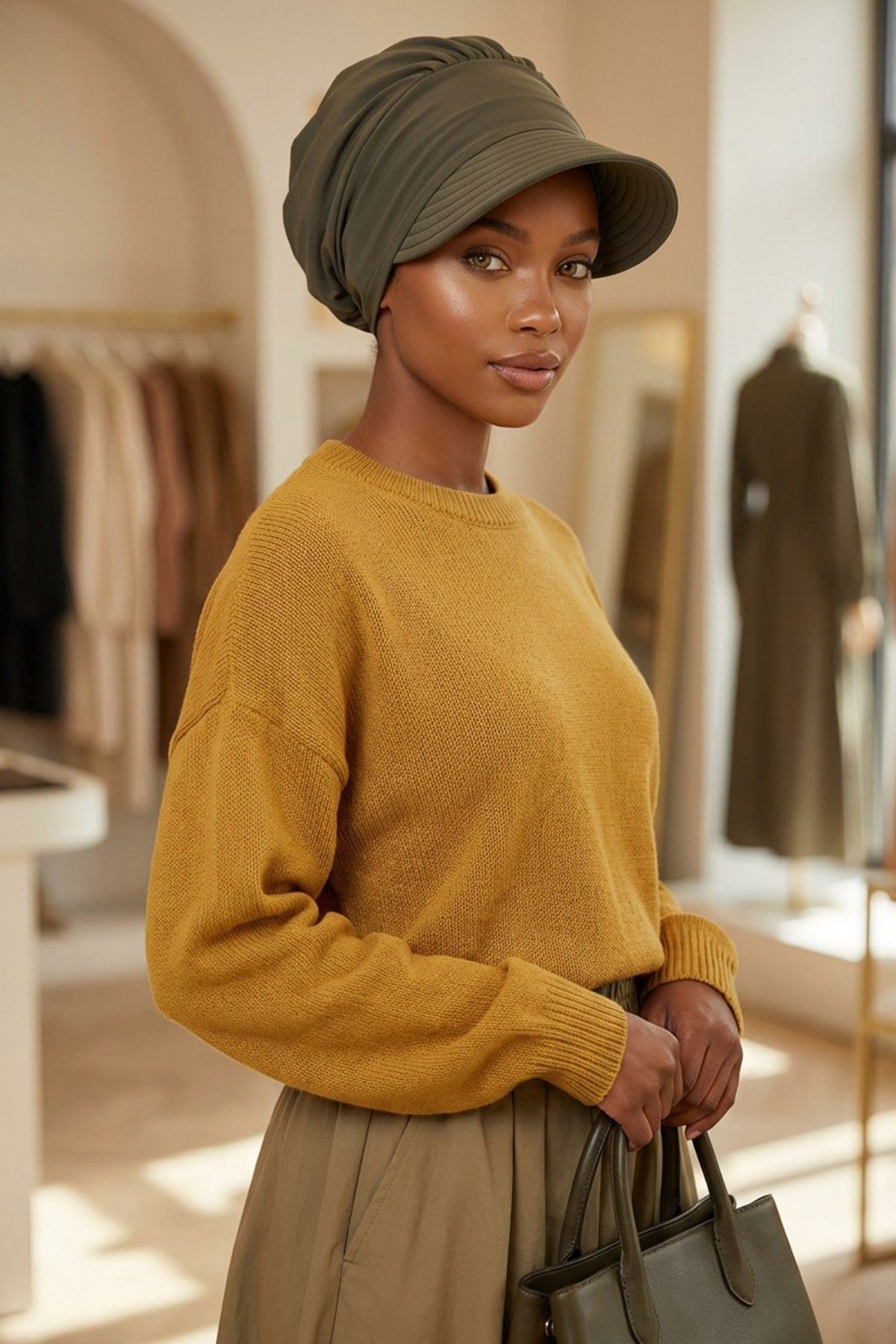 High Quality Newsboy Women Hat, Pre-Tied Turban made from High Quality Wrinkle-Resistant Aerobin Fabric, Visored Instant Turban Cover,B-73A Army Green