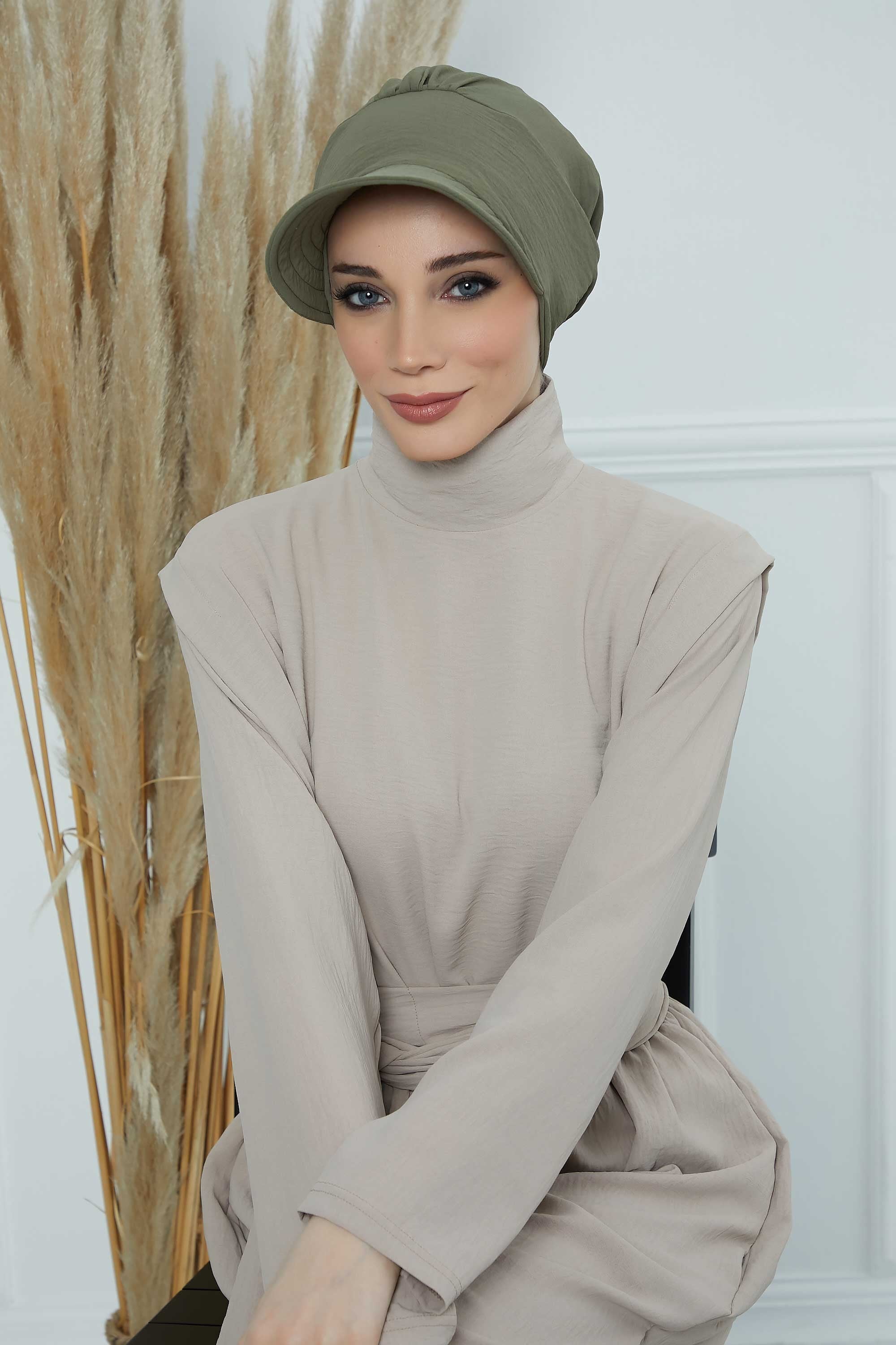 High Quality Newsboy Women Hat, Pre-Tied Turban made from High Quality Wrinkle-Resistant Aerobin Fabric, Visored Instant Turban Cover,B-73A Army Green