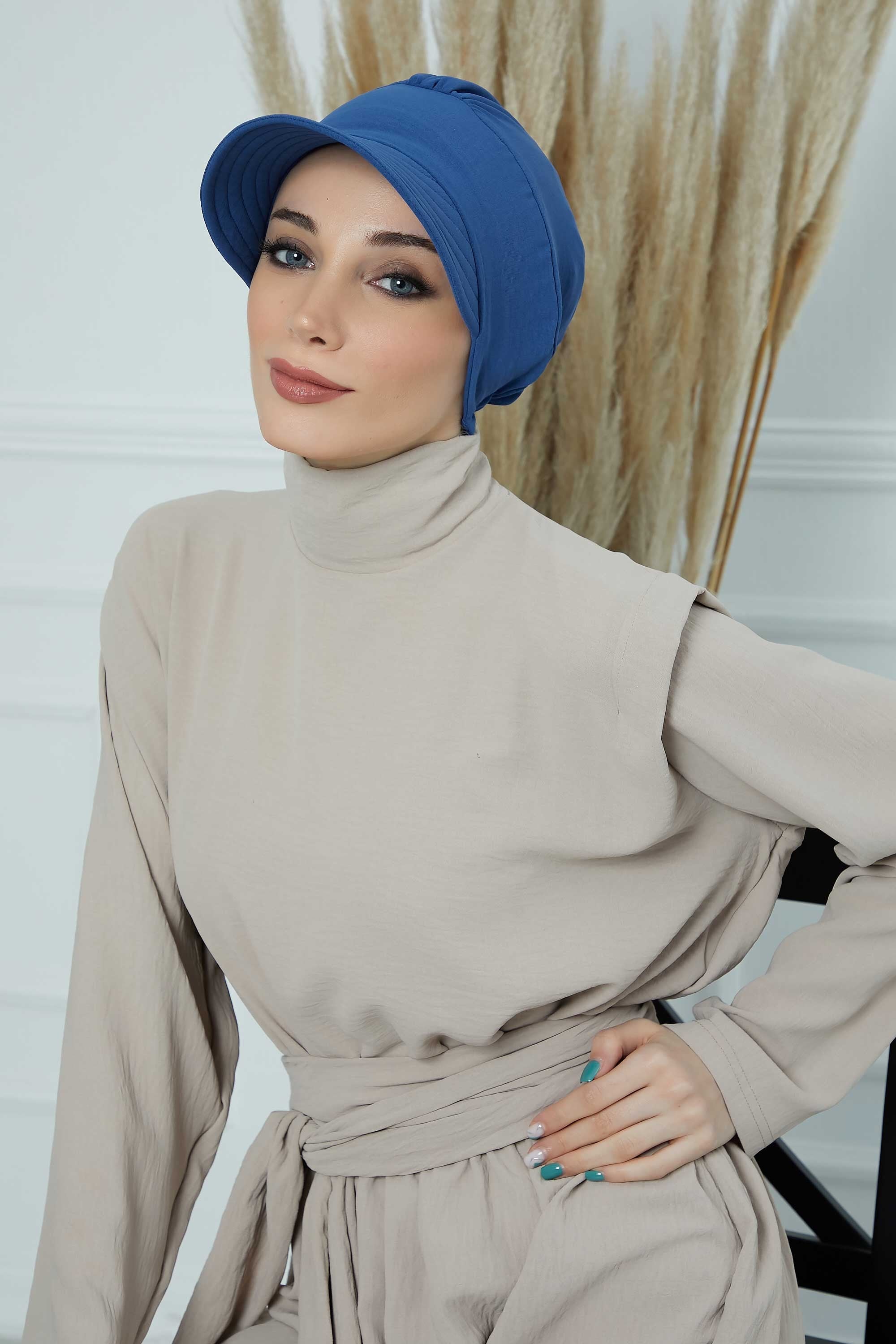 High Quality Newsboy Women Hat, Pre-Tied Turban made from High Quality Wrinkle-Resistant Aerobin Fabric, Visored Instant Turban Cover,B-73A Blue