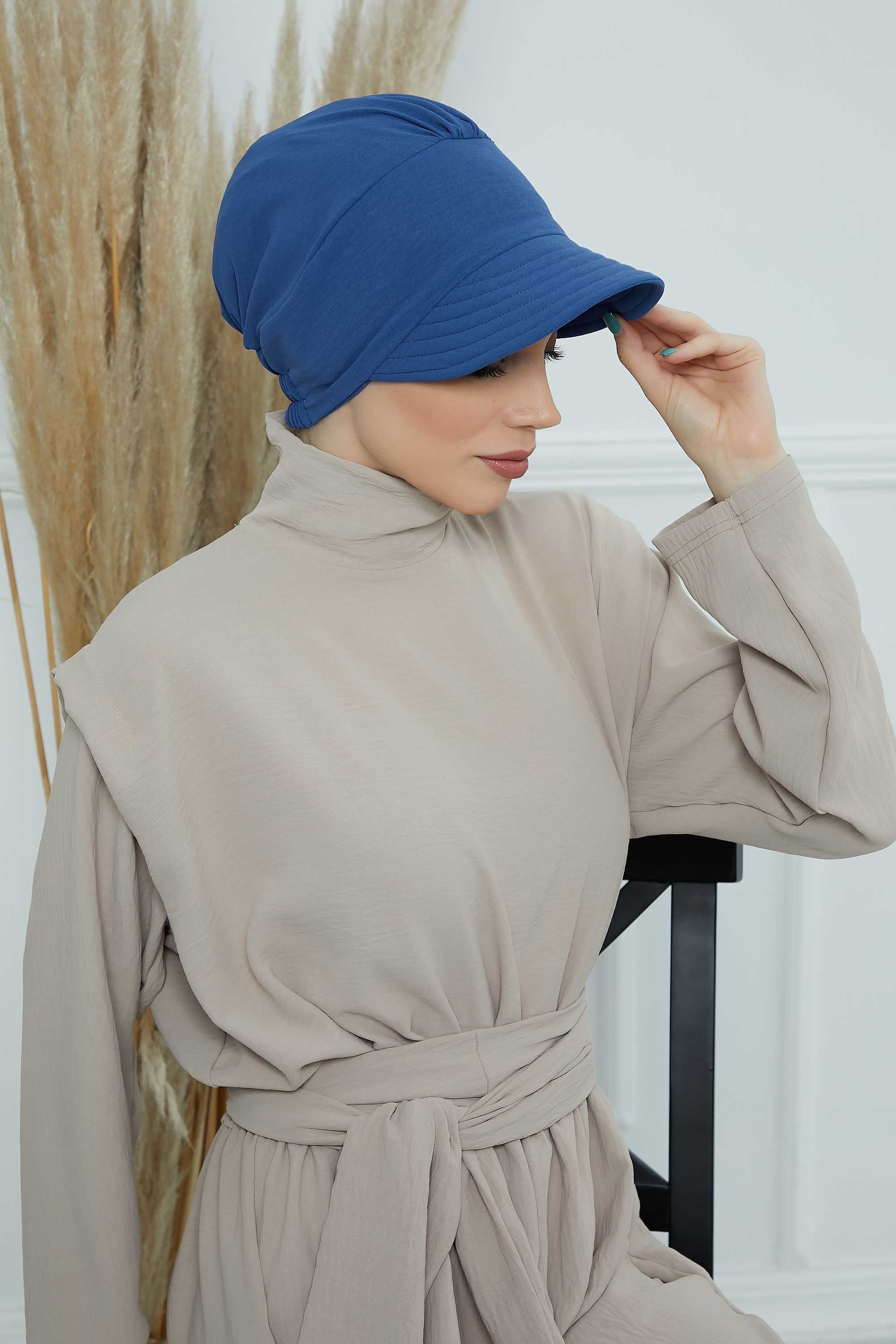 High Quality Newsboy Women Hat, Pre-Tied Turban made from High Quality Wrinkle-Resistant Aerobin Fabric, Visored Instant Turban Cover,B-73A Blue