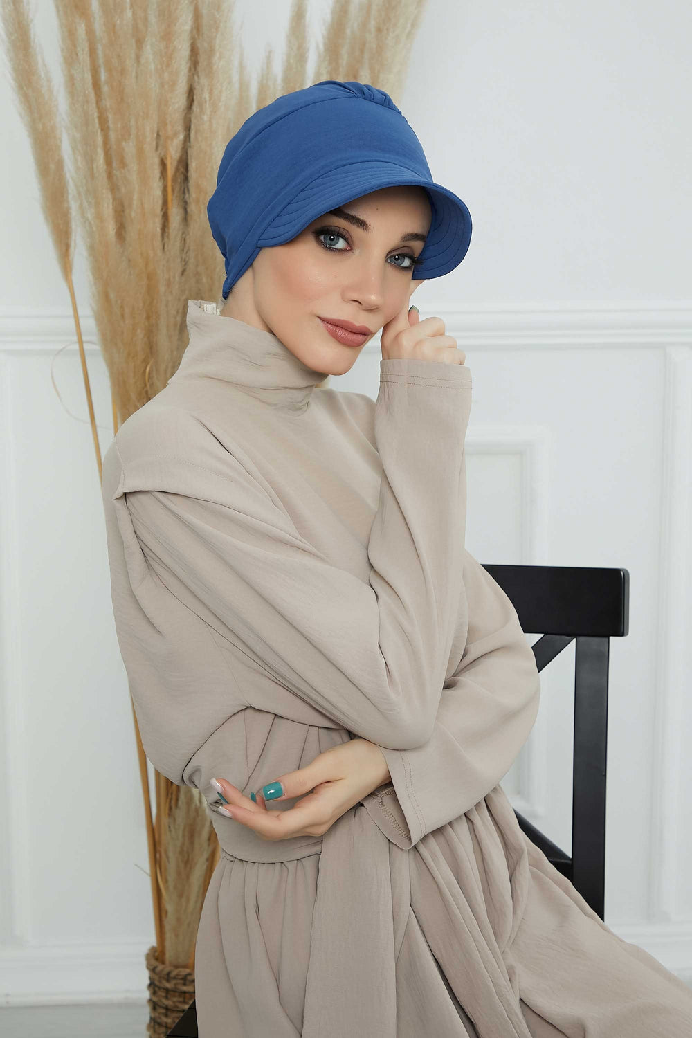 High Quality Newsboy Women Hat, Pre-Tied Turban made from High Quality Wrinkle-Resistant Aerobin Fabric, Visored Instant Turban Cover,B-73A Blue