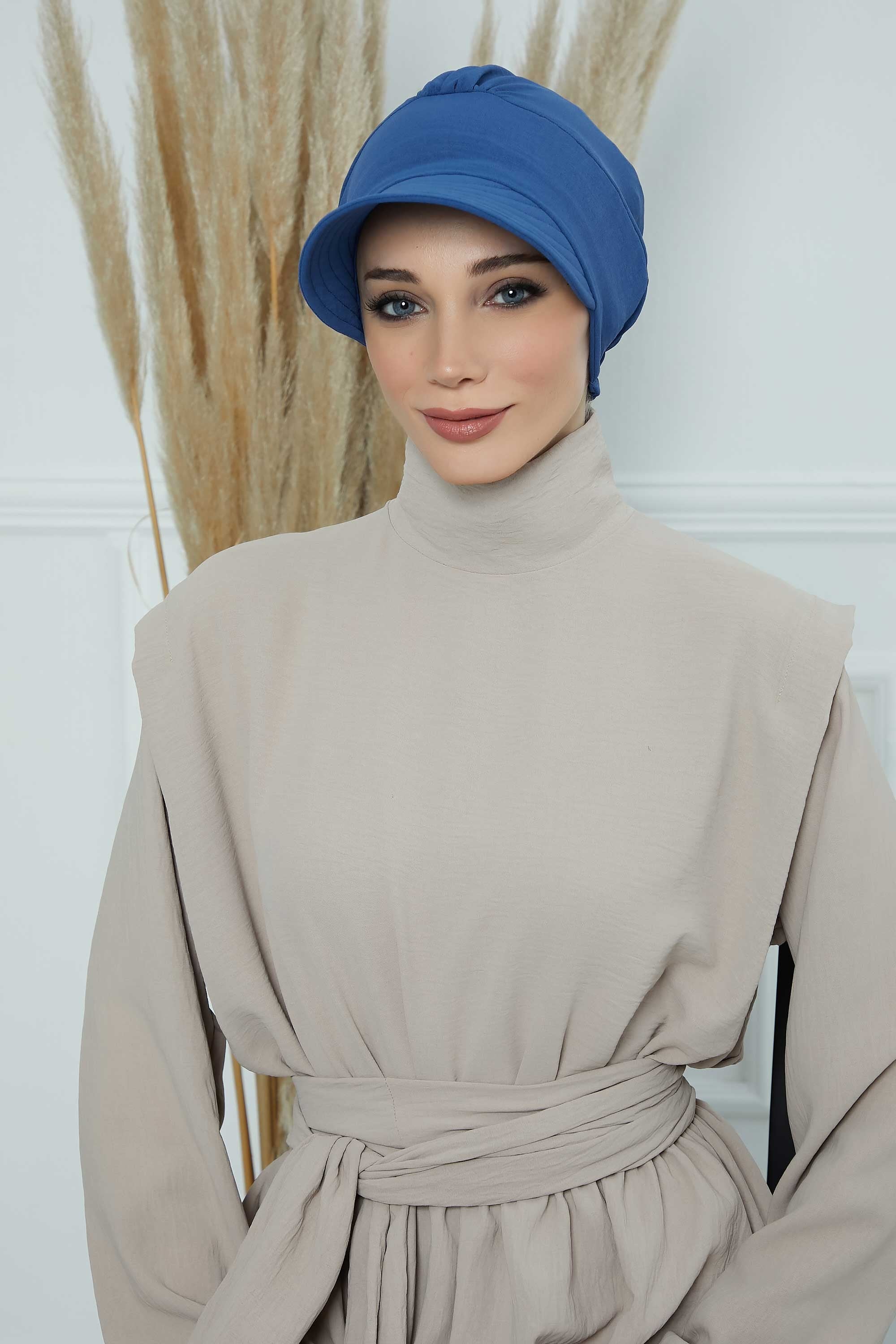 High Quality Newsboy Women Hat, Pre-Tied Turban made from High Quality Wrinkle-Resistant Aerobin Fabric, Visored Instant Turban Cover,B-73A Blue