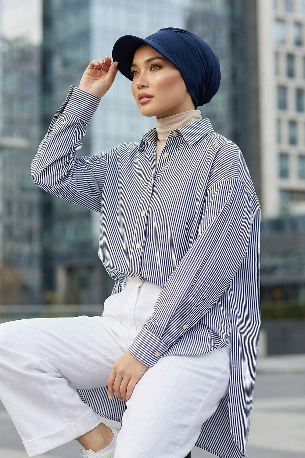 High Quality Newsboy Women Hat, Pre-Tied Turban made from High Quality Wrinkle-Resistant Aerobin Fabric, Visored Instant Turban Cover,B-73A Navy Blue