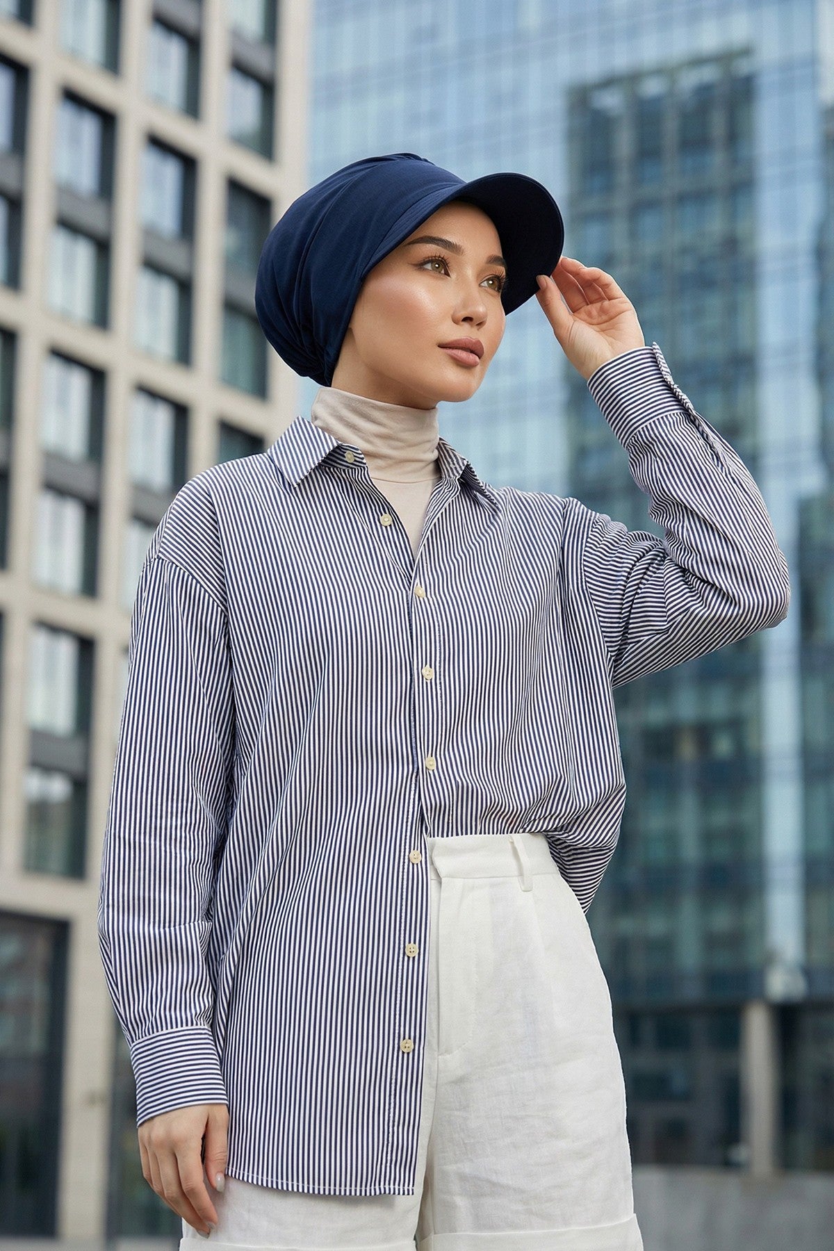 High Quality Newsboy Women Hat, Pre-Tied Turban made from High Quality Wrinkle-Resistant Aerobin Fabric, Visored Instant Turban Cover,B-73A Navy Blue