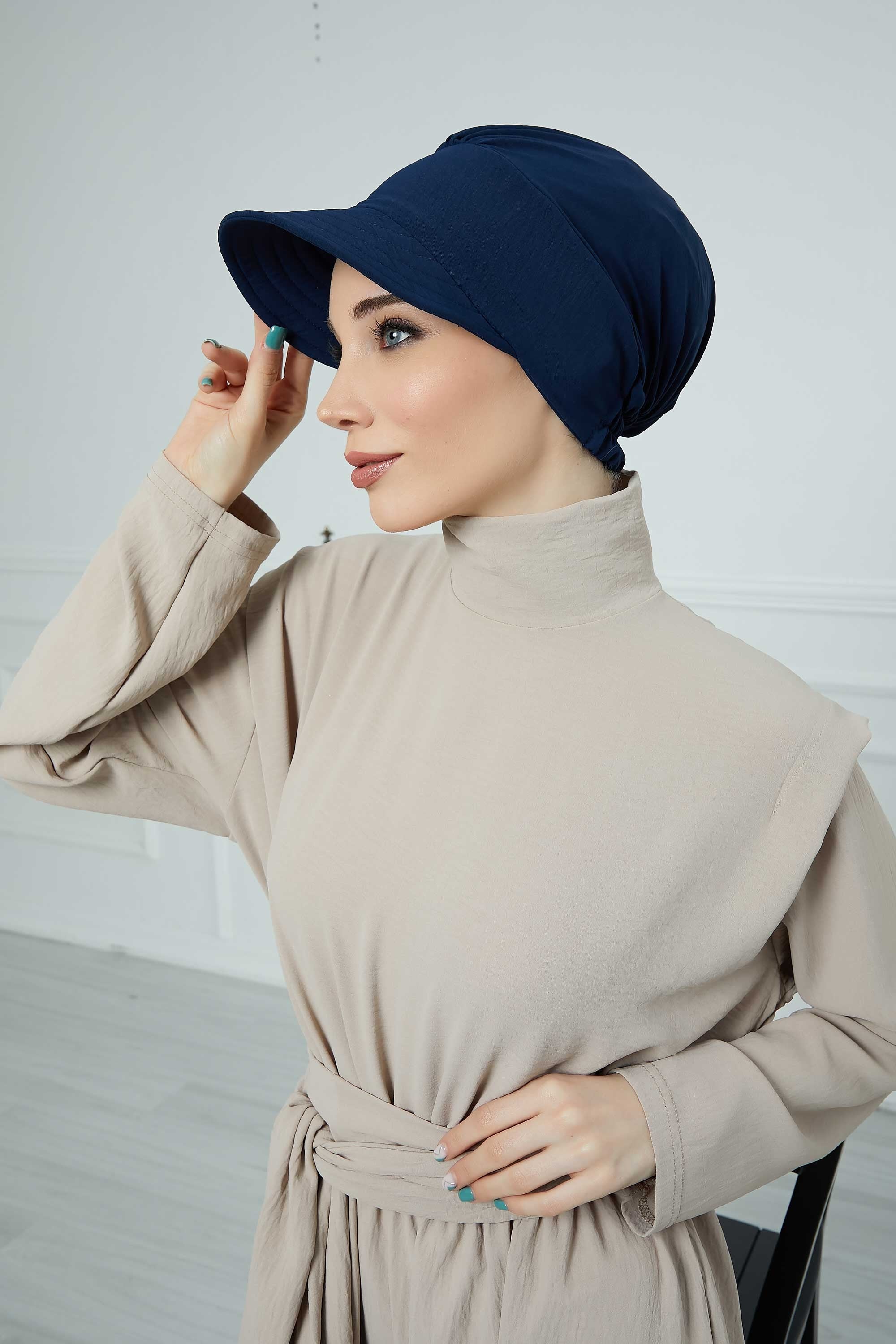 High Quality Newsboy Women Hat, Pre-Tied Turban made from High Quality Wrinkle-Resistant Aerobin Fabric, Visored Instant Turban Cover,B-73A Navy Blue