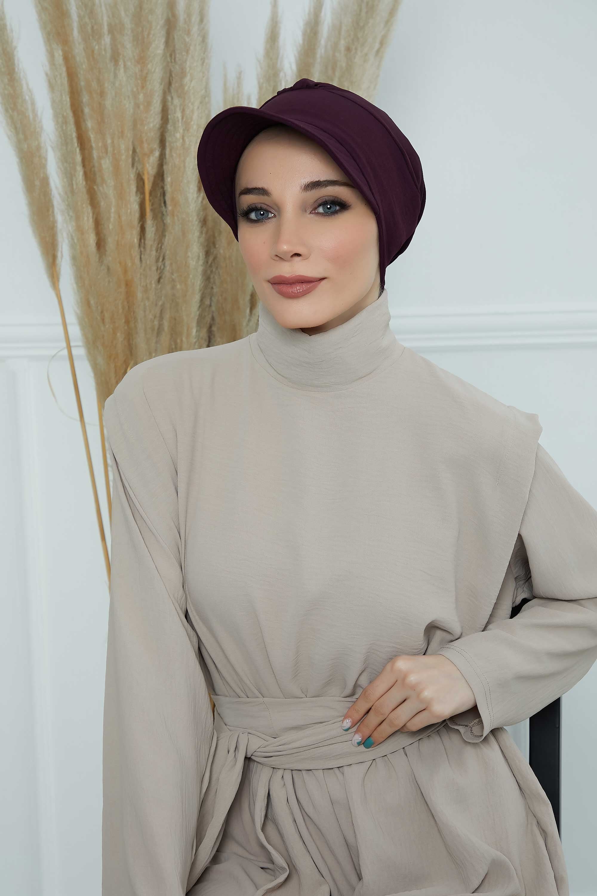 High Quality Newsboy Women Hat, Pre-Tied Turban made from High Quality Wrinkle-Resistant Aerobin Fabric, Visored Instant Turban Cover,B-73A Purple