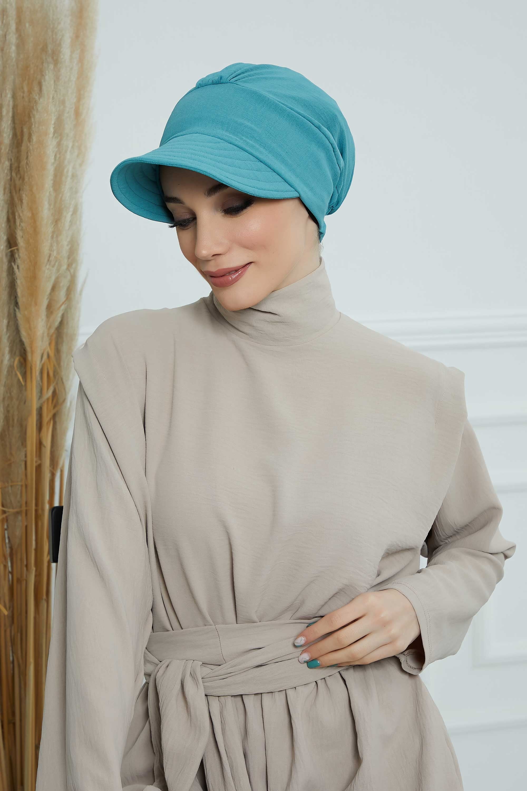 High Quality Newsboy Women Hat, Pre-Tied Turban made from High Quality Wrinkle-Resistant Aerobin Fabric, Visored Instant Turban Cover,B-73A Mint Green