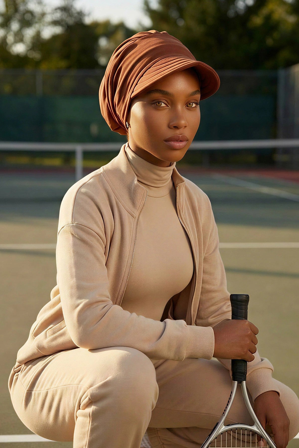 High Quality Newsboy Women Hat, Pre-Tied Turban made from High Quality Wrinkle-Resistant Aerobin Fabric, Visored Instant Turban Cover,B-73A Brown