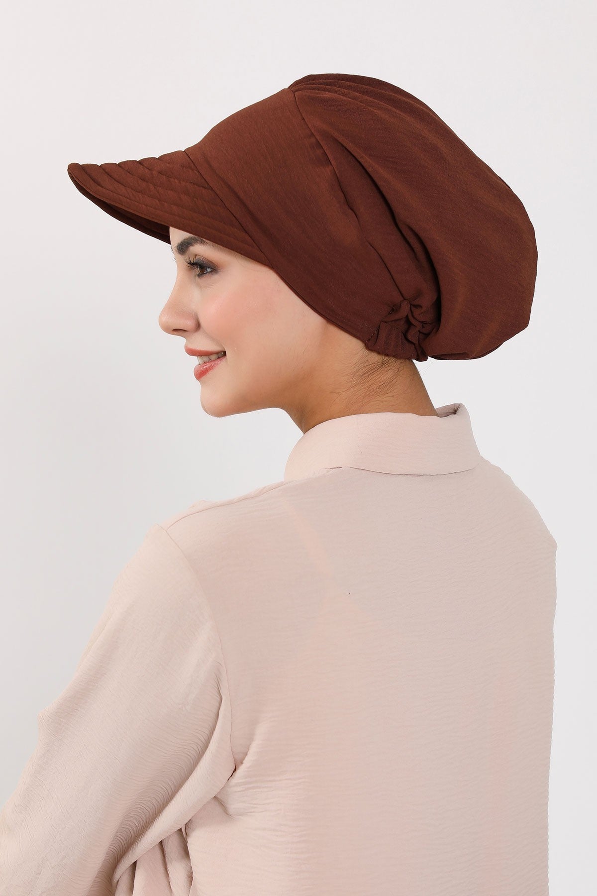 High Quality Newsboy Women Hat, Pre-Tied Turban made from High Quality Wrinkle-Resistant Aerobin Fabric, Visored Instant Turban Cover,B-73A Brown