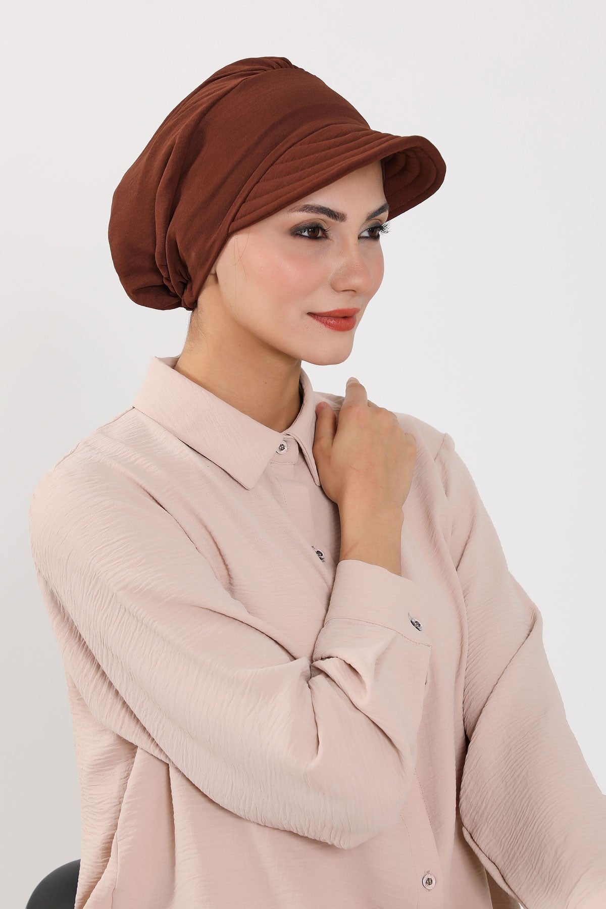 High Quality Newsboy Women Hat, Pre-Tied Turban made from High Quality Wrinkle-Resistant Aerobin Fabric, Visored Instant Turban Cover,B-73A Brown