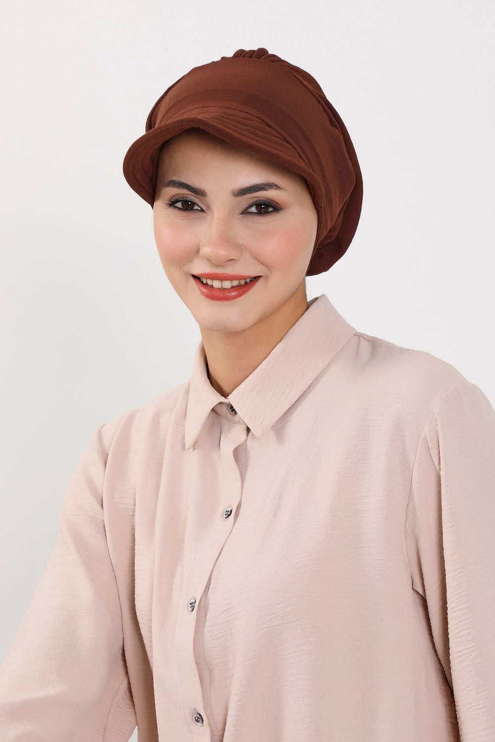 High Quality Newsboy Women Hat, Pre-Tied Turban made from High Quality Wrinkle-Resistant Aerobin Fabric, Visored Instant Turban Cover,B-73A Brown