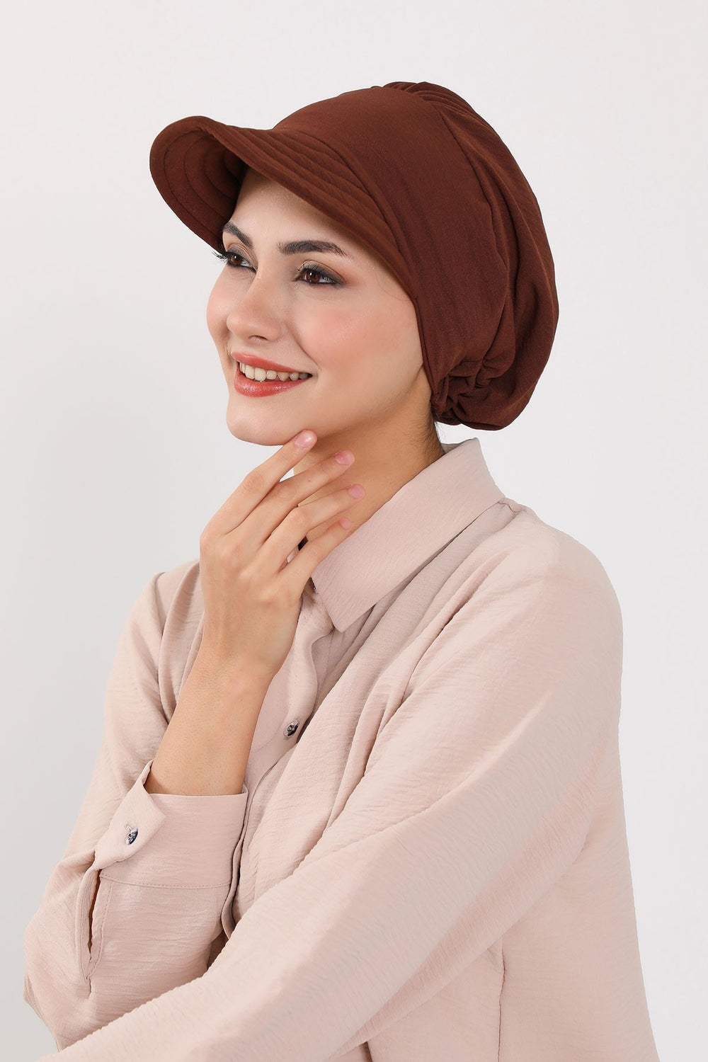 High Quality Newsboy Women Hat, Pre-Tied Turban made from High Quality Wrinkle-Resistant Aerobin Fabric, Visored Instant Turban Cover,B-73A Brown