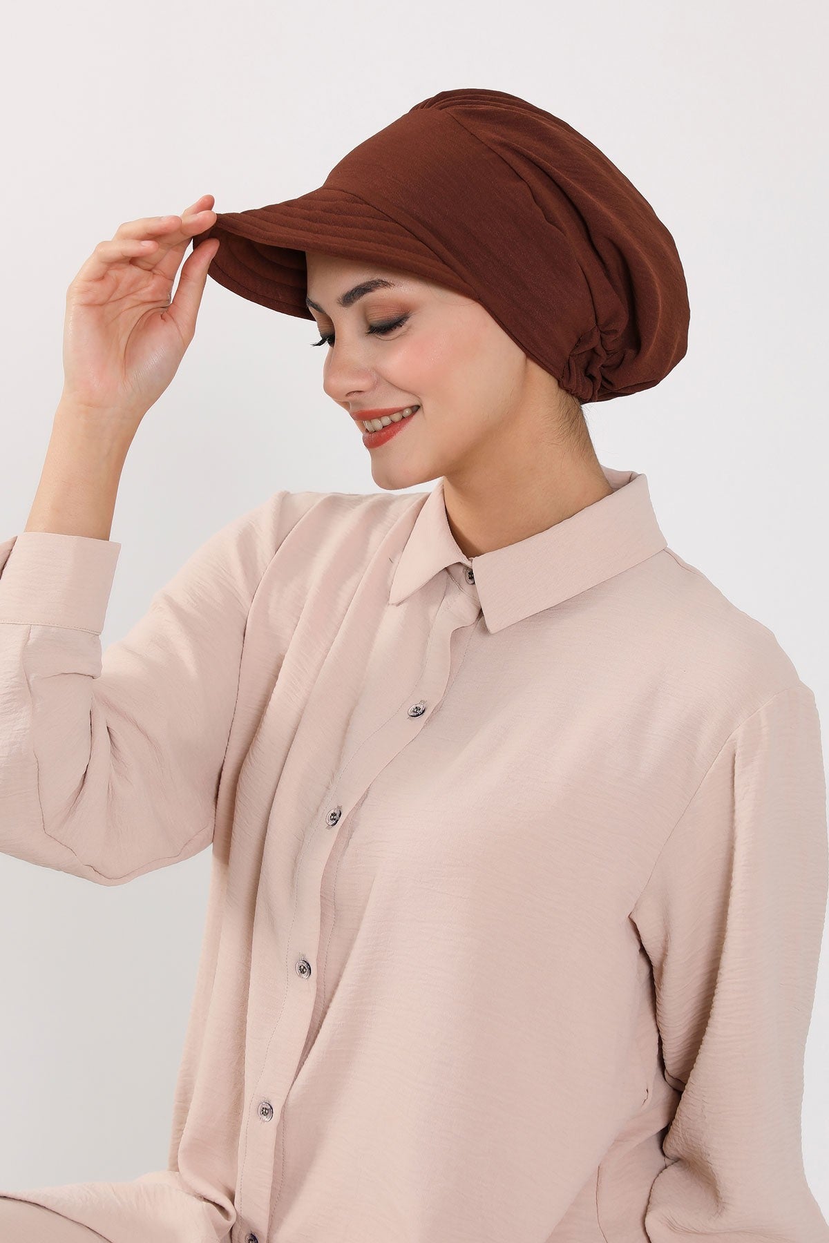 High Quality Newsboy Women Hat, Pre-Tied Turban made from High Quality Wrinkle-Resistant Aerobin Fabric, Visored Instant Turban Cover,B-73A Brown