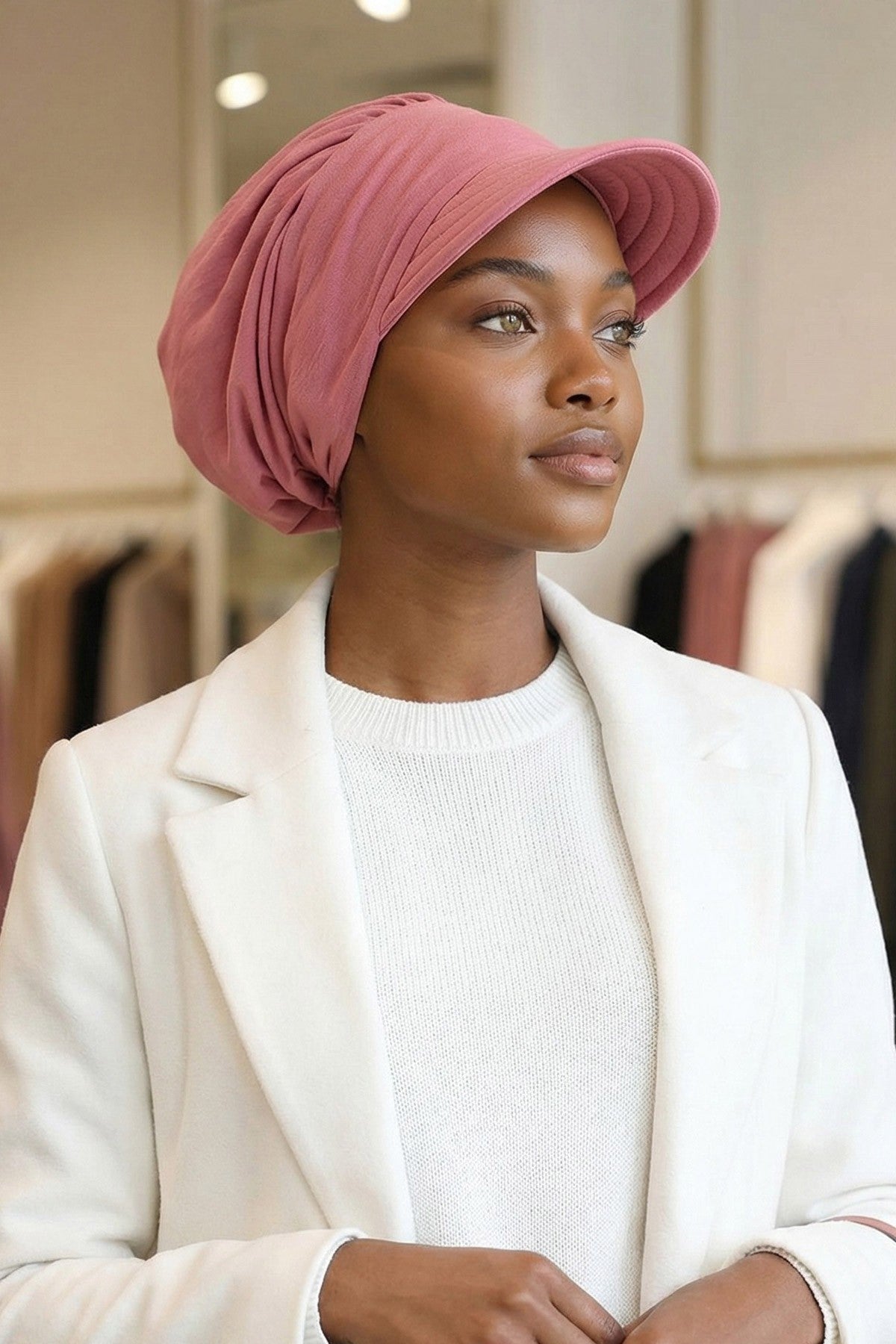 High Quality Newsboy Women Hat, Pre-Tied Turban made from High Quality Wrinkle-Resistant Aerobin Fabric, Visored Instant Turban Cover,B-73A Dark Pink